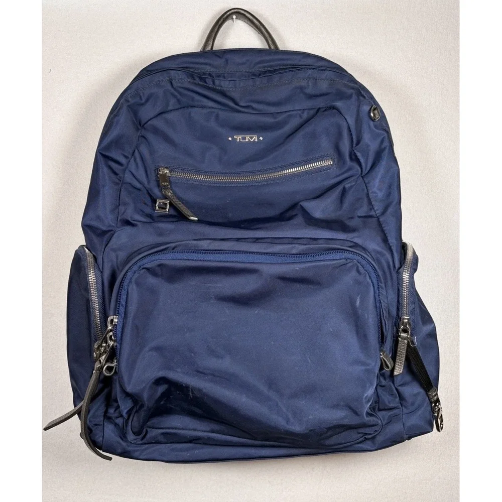 Tumi Voyageur Carson Backpack Navy Leather Trim Nylon Laptop Lightweight Bag